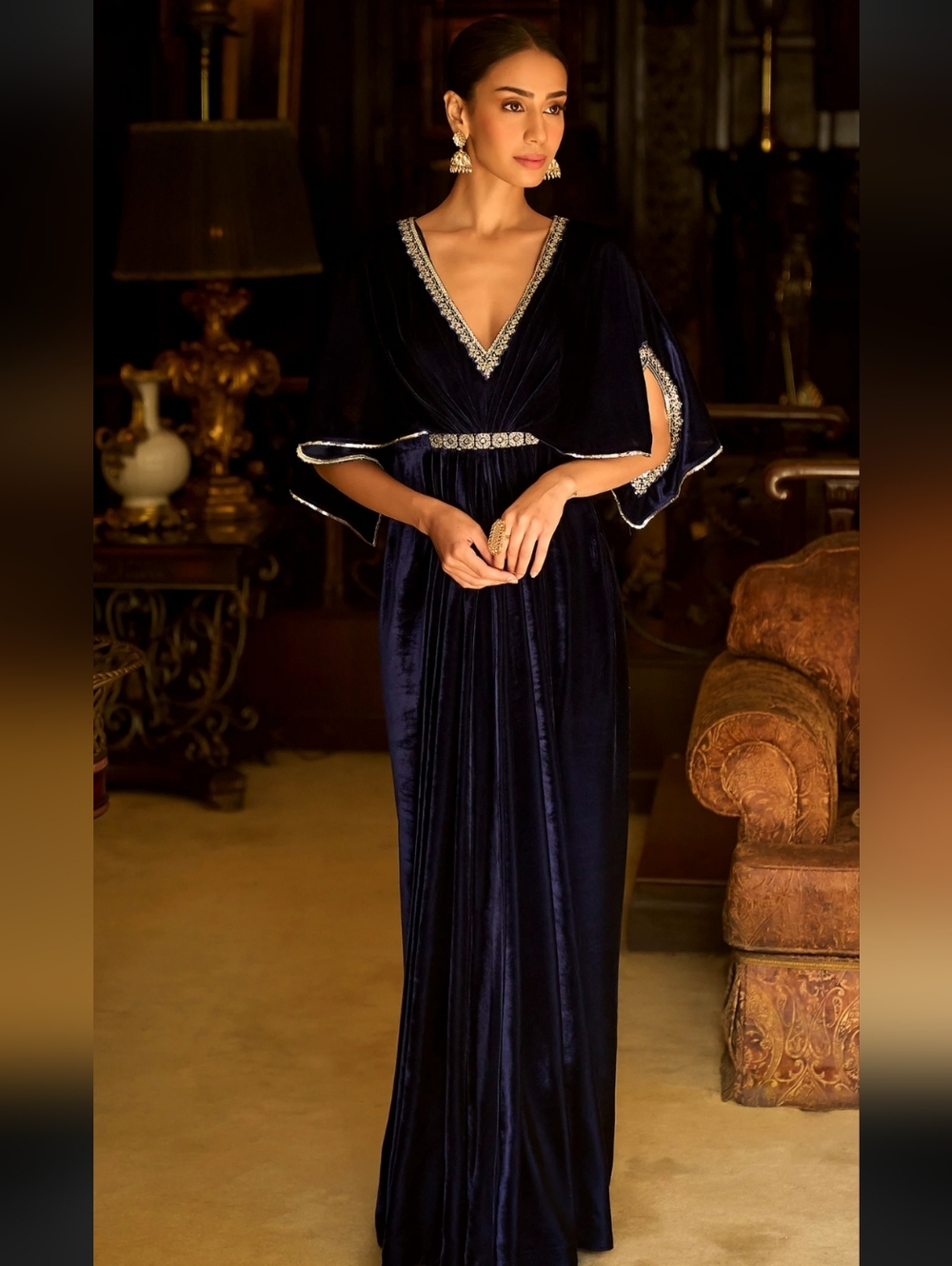 Beaded Trim Navy Velvet Maxi Dress with V-Neck